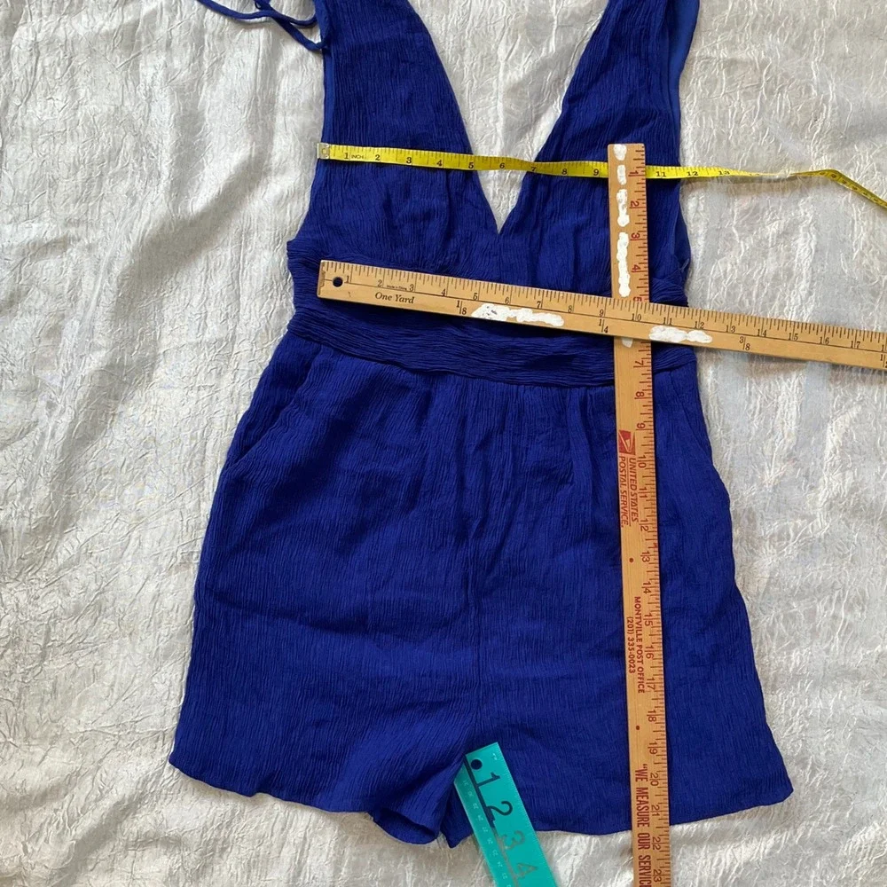 One Clothing Royal Blue Crinkle Plunging Romper Tie Shoulder Open Back Smocked M